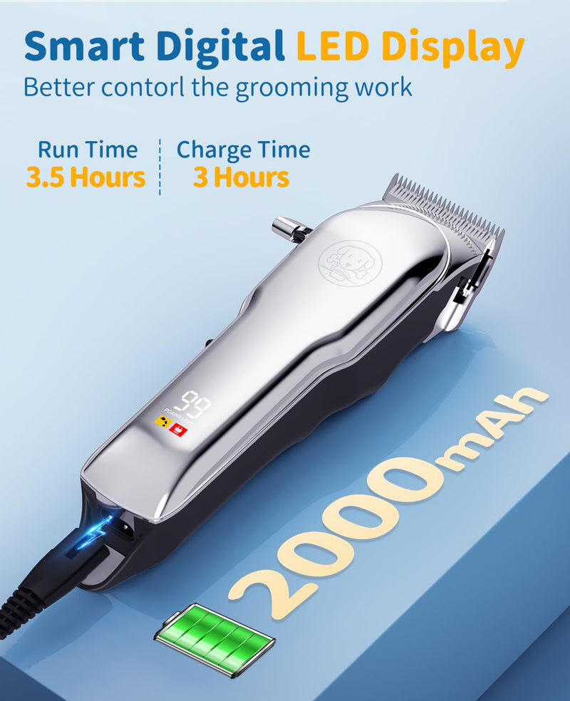 Cordless Dog Clippers for Grooming Professional for Thick Hair Coats, Low Noise Shaver Dog Grooming Kit with LED Display, Razors Dog Hair Shears Ceramic Blade, Pet Hair Trimmer for Dogs Cats (MS041) 7000 rpm - PawsPlanet Australia