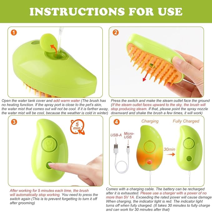 Cat Steam Brush for Shedding,3 in 1 Water Dog Brush, Pet Spa Brush for Dogs Cats,Spritz Defur Comb, Steamy Pet Brush,Pet Spray Hair Removal Comb,Cat Mist Brush,Steaming Cat Brush Steamer (Green) Green - PawsPlanet Australia