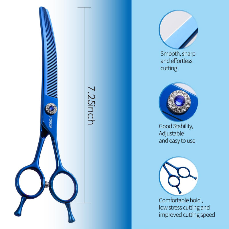 Professional Curved Thinning Shears Dog Grooming Scissors 7.25'' Blue Curved Blender Shears for Grooming Large Dogs Pet 66 Teeth Japan 440C(Curved Thinning) Blue Curved Thinning - PawsPlanet Australia