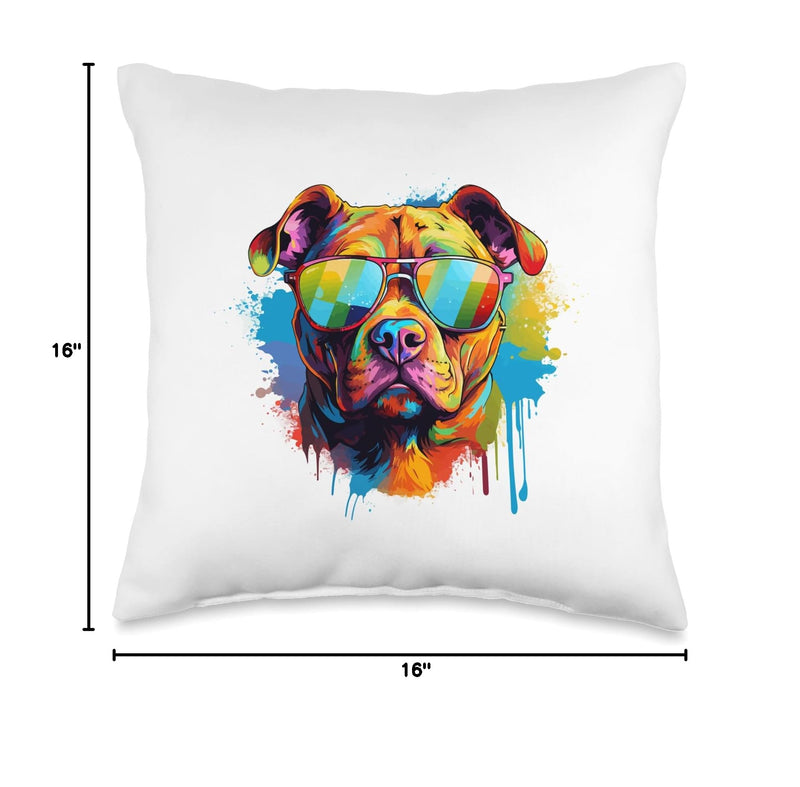 Pitbull Pittie Dog Breed Pet Designs Pitbull Pittie Dog Breed Pet with Sunglasses Throw Pillow, 16x16, Multicolor - PawsPlanet Australia