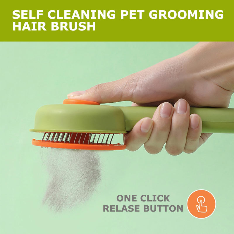 Pet Grooming Brush Kit for Cat and Dog, Hair Massage Cleaner with Release Button, 2 Flea Combs for Shedding Removing Tangles Loose Fur Self Cleaning Accessories, Green(3 Pieces Set) - PawsPlanet Australia