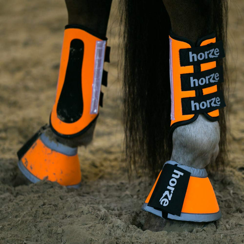Horze High-Visibility Reflective Neoprene Horse Bell Boots for Nighttime Horseback Riding - Orange - XL