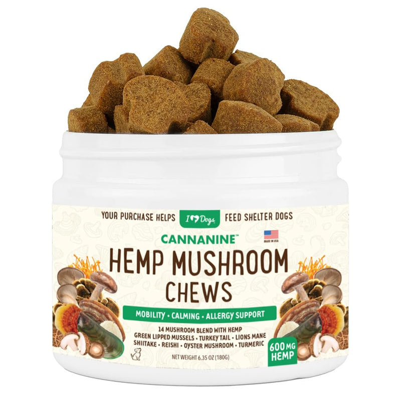 iHeartDogs Hemp Mushroom Chews for Dogs - Mobility, Calming, Allergy & Immune Support - 14 Mushroom Blend with Turkey Tail, Lion’s Mane, Shiitake & Green Lipped Mussels - 60 Count / 600mg Hemp