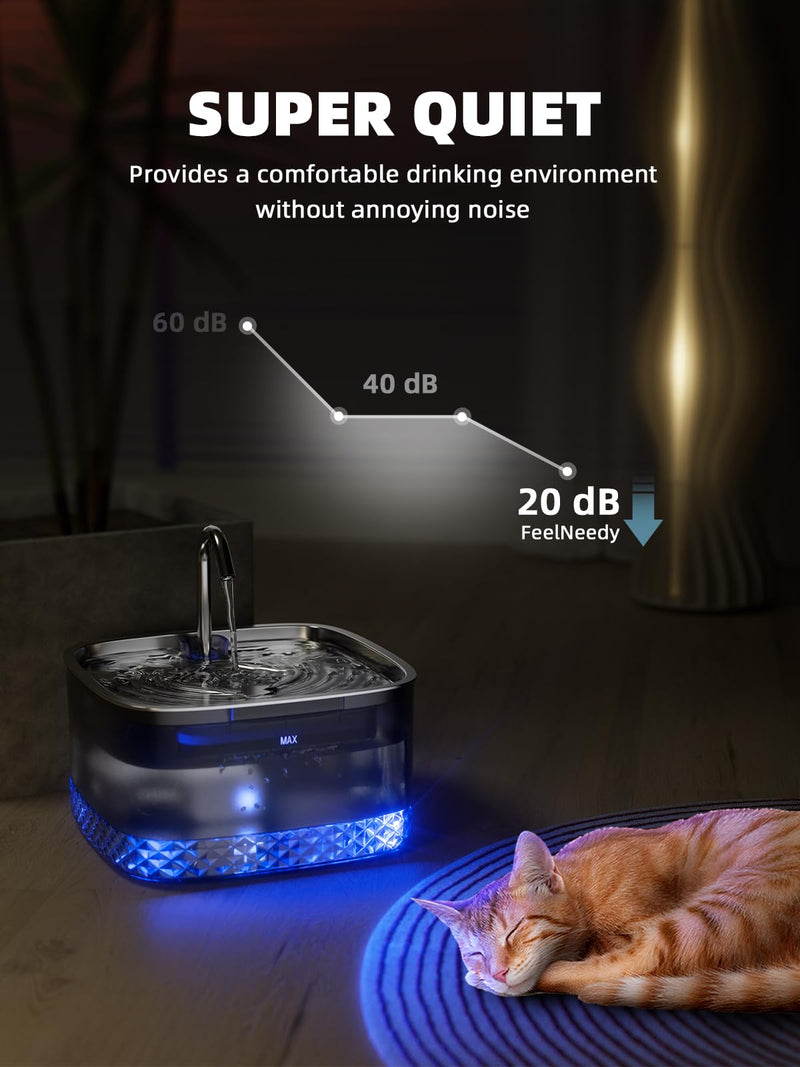Cat Water Fountain: 75oz/2.2L Automatic Pet Water Dispenser for Cats, 304 Stainless Steel Faucet & Lid Cat Water Bowl Dispenser, Super Silent Pet Water Fountain for Cats Inside, Pump with LED Light Stainless Steel Cat Fountain - PawsPlanet Australia