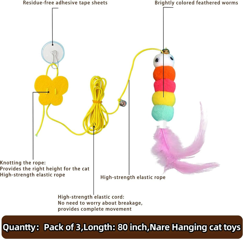 3 Pcs Interactive Toys for Indoor Cats, Best Hanging Cat Toys for Bored Cats, Spring Cat String Toys with Feathers and Bells, Door Hanging Self-Playing Cat Toys - PawsPlanet Australia