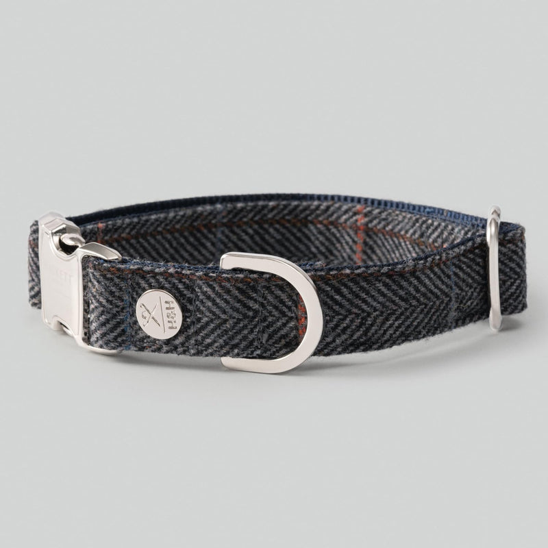 HUGO & HUDSON x HACKETT Tweed Dog Collar with Adjustable Metal Buckle, Grey Checked Herringbone S