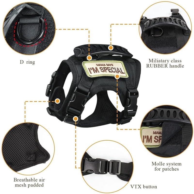 Military Tactical Cat Harness for Walking Escape Proof, Adjustable Pet Vest Harness Easy Control Traction Rope for Large Cat and Small Dog (Black) Black - PawsPlanet Australia