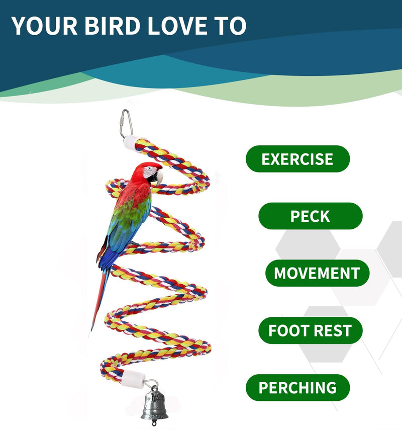 2Pcs 63'' Bird Rope Perches Birdcage Swing Toys 100% Cotton Natural Bird Perch Peck/Chewing with Bell Climbing Standing Bungee Parrot Toys for Small to Regular Size Parrot Cockatiel Birds 63'x2pcs - PawsPlanet Australia