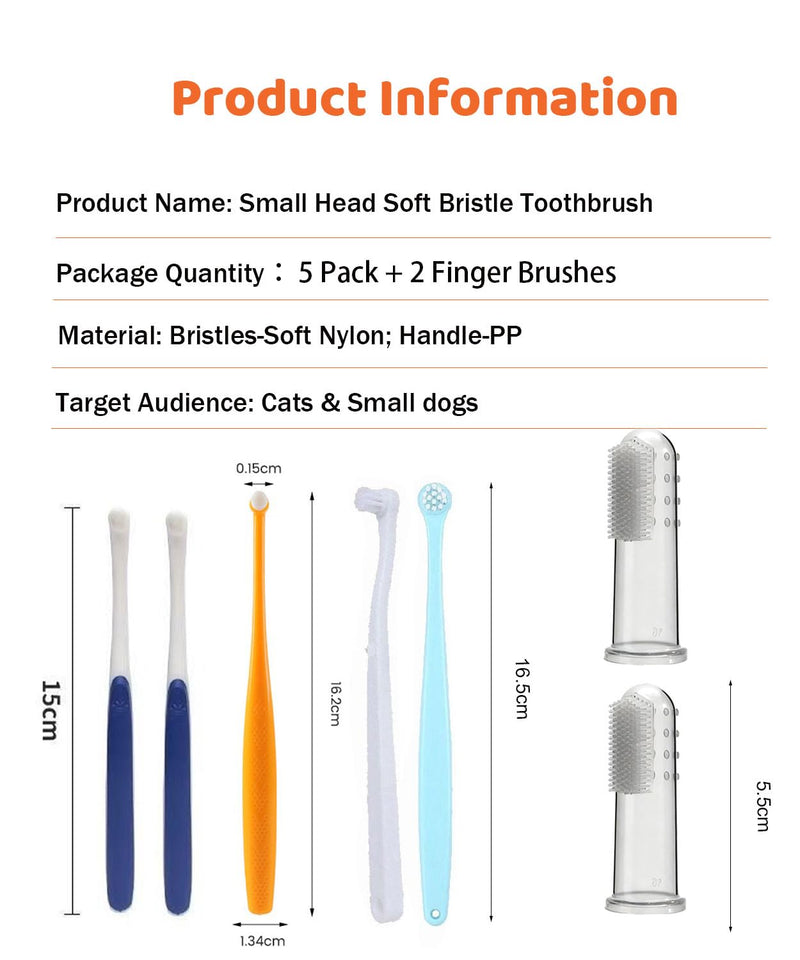 5Pack Ultra Soft Pet Toothbrush for Small Dog & Cat Toothbrush Set with 2 Finger Brushes - Soft Bristles for Gentle Pet Dental Care, Teething & Gingivitis Prevention for Puppies & Kittens Model A-small Head