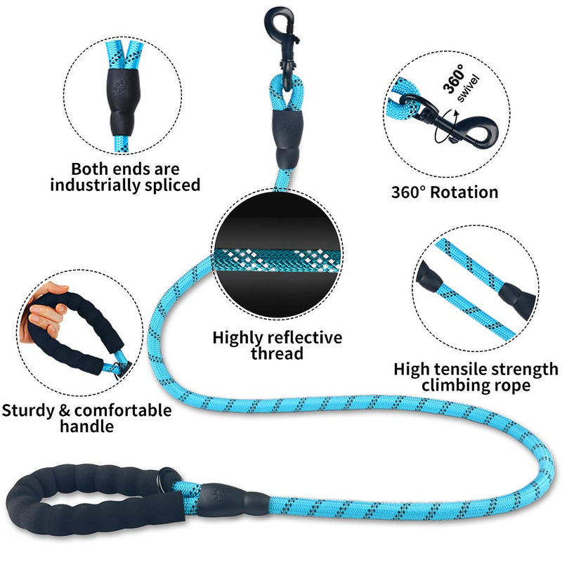 2 Pack Dog Leash 6 FT Thick Durable Nylon Rope - Comfortable Padded Handle Reflective Rope Dog Leash for Medium Large Dogs with Collapsible Pet Bowl and Garbage Bags (6FT-Blue + Black) 1/2"x 6 FT (18~120 lbs.) Set 01- Black+Blue