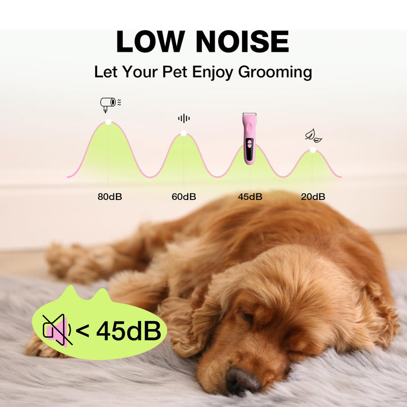 Dog Clippers for Grooming - Low Noise Electric Dog Trimmer Cordless Rechargeable Dog Hair Clippers, 3-Speed & LCD Dog Grooming Kit for Dogs Cats Pets (Pink) - PawsPlanet Australia