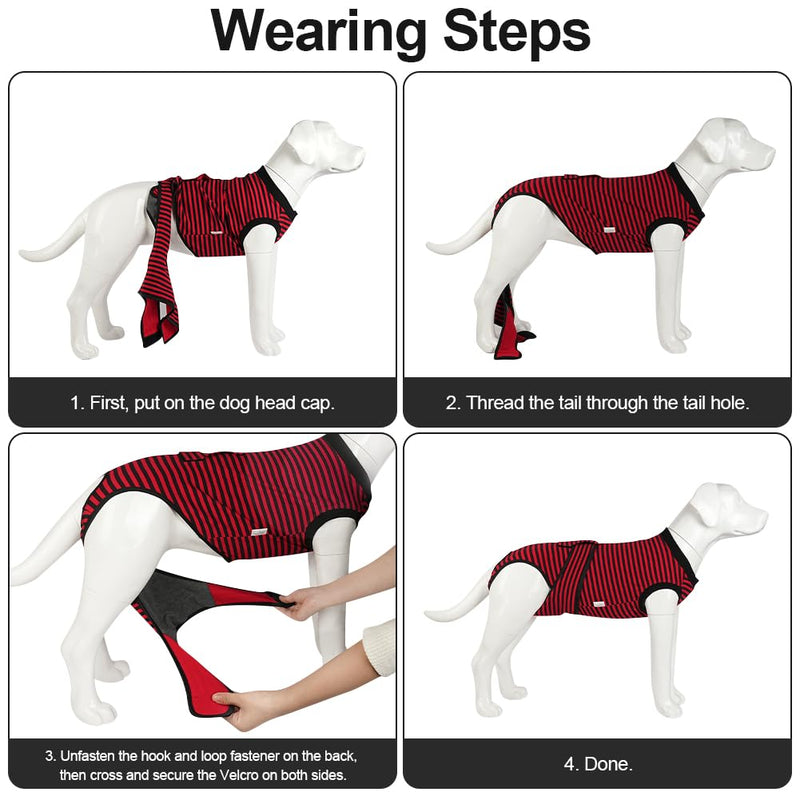 AUYAO Dog Recovery Suit Dog Surgery Bodysuit Anti-Licking Puppy Medical Surgical Suits Abdominal Wounds Protector Male Castration Onesie Post Op Dogs Surgery Shirt Pet Cone E-Collar Alternative(L) L Hook & Loop Fastener Style-red Black Stripes