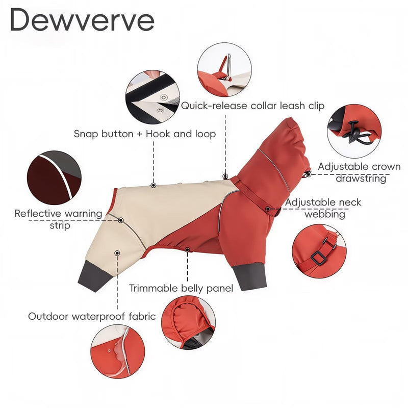 Waterproof Pet Jacket for Small & Medium Dogs and Cats, 4-Leg Hooded Reflective Raincoat, Windproof Dustproof Heavy Rain Protection, All-Season Outdoor Pet Coat with Metal Leash Ring Wine Red