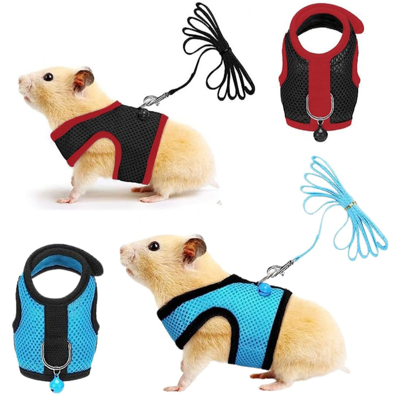 2 Pieces of Harness with Bell for Guinea Pig, Hamster, Rat, Accesories and Clothes for Small Animals, Leash Vest (Red/Blue) Red / Blue