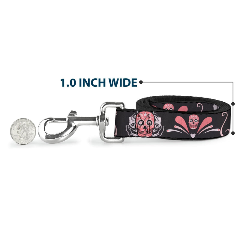 Buckle-Down Pet Leash - Sugar Skulls Gray/Pink - 6 Feet Long - 1.5" Wide - PawsPlanet Australia