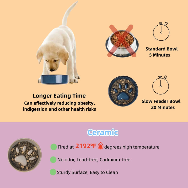 Slow Feeder Dog Bowls，Ceramic Bowl for Cats and Dogs，Dog Bowls，with Non-Slip Silicone Mat，Pet Bowl for Small Dogs and Cats，Slow Down Eating，6.2 inches Grey pet Bowl gray - PawsPlanet Australia