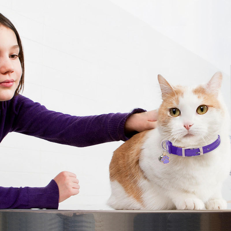 Cat Collar, Soft Leather Cat Collar with Bells, Safe Collars with Cute Paw Charm for Male Female Cats, 8-11”, Purple 8-11”