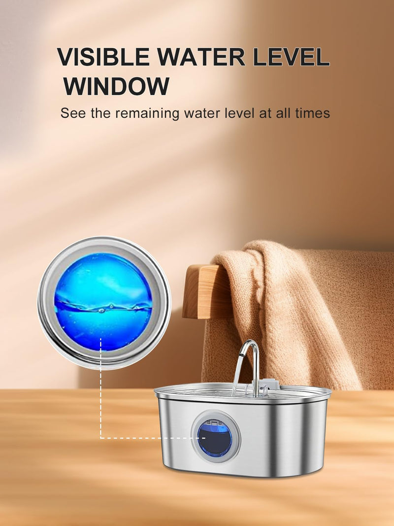 Cat Water Fountain Stainless Steel with Water Level Window,108oz/3.2L Cat Fountain Quiet Automatic Pet Water Fountain for Cats and Small Dogs - PawsPlanet Australia