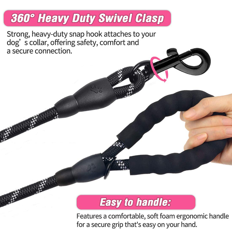 2 Pack Dog Leash 5 FT Thick Durable Nylon Rope - Comfortable Padded Handle Reflective Rope Dog Leash for Medium Large Dogs with Collapsible Pet Bowl and Garbage Bags (Black+Pink, 1/3" x 5 FT) Set 02- Black+Pink 1/3" x 5 FT (0~18 lbs.) - PawsPlanet Australia