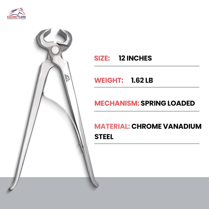 Equine Care 12" Spring Loaded Hoof Nipper, Drop Forged Chrome Vanadium Steel, Oil Tempered, One-Handed High Leverage Farrier Hoof Trimmer for Horses, Donkeys, Cattle & Livestock 12 inch