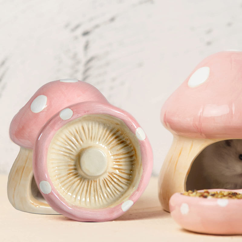 Ceramic Mushroom Habitats Hamster Hideout，Hamster House Hamster Hideaway House Habitats Food Feeding Bowl Gerbils Chinchillas Ferrets Hedgehog Small Animals(Pink Mushroom set) Pink Mushroom set - PawsPlanet Australia