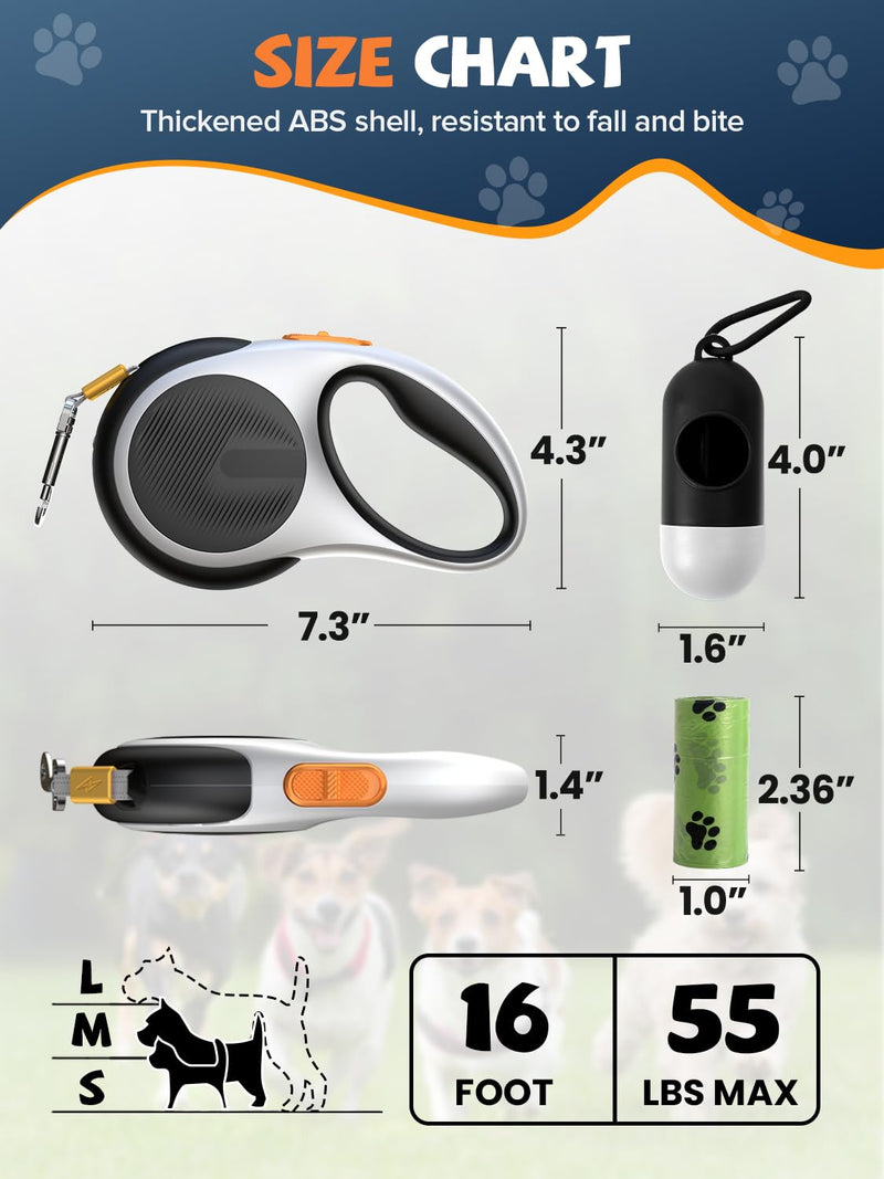 Retractable Dog Leash with LED Flashlight, Douexio Upgrade 3 in 1 Dog Leash Retractable for Small Medium Dogs Up to 66 lbs, Anti-Slip Handle (Black-White) Black-White - PawsPlanet Australia