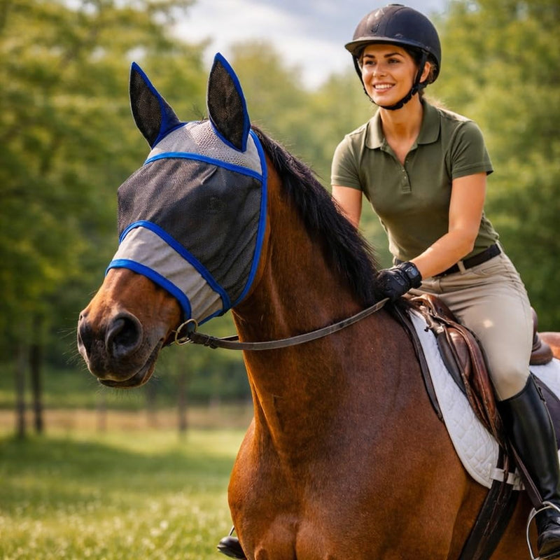 Horse Fly Mask with Ears for Riding & Grazing, Secure Fit in Wind, Breathable Soft Mesh, UV Protection, Large Eye Space for Comfort, Durable Design-L