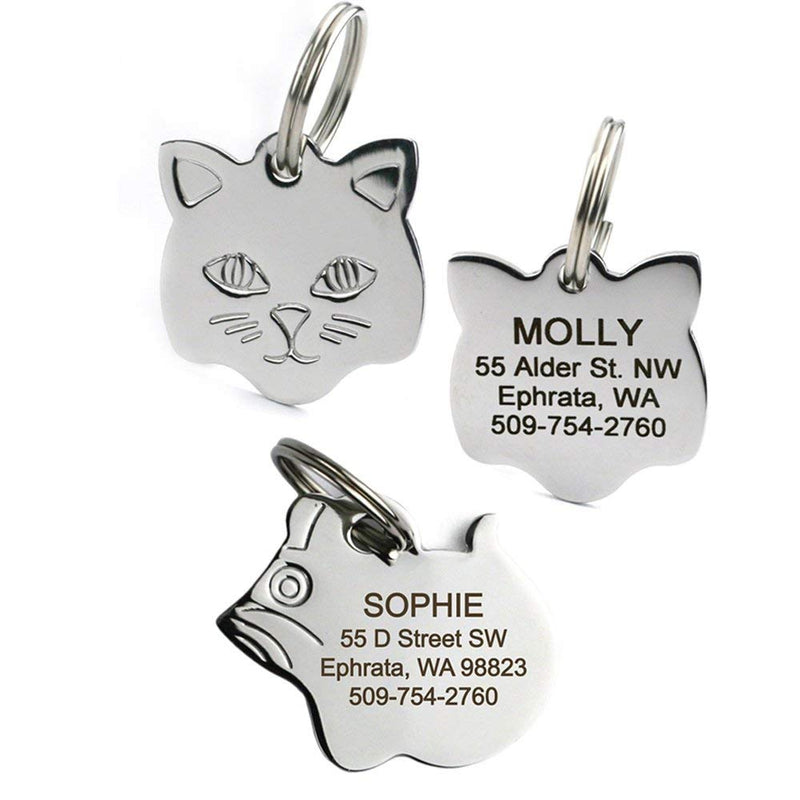 GoTags Cat ID Tag, Personalized Cat Shape Pet ID Tag in Stainless Steel, Includes up to 4 Lines of Custom Engraved Text – Stainless Steel, Kitty Face - PawsPlanet Australia
