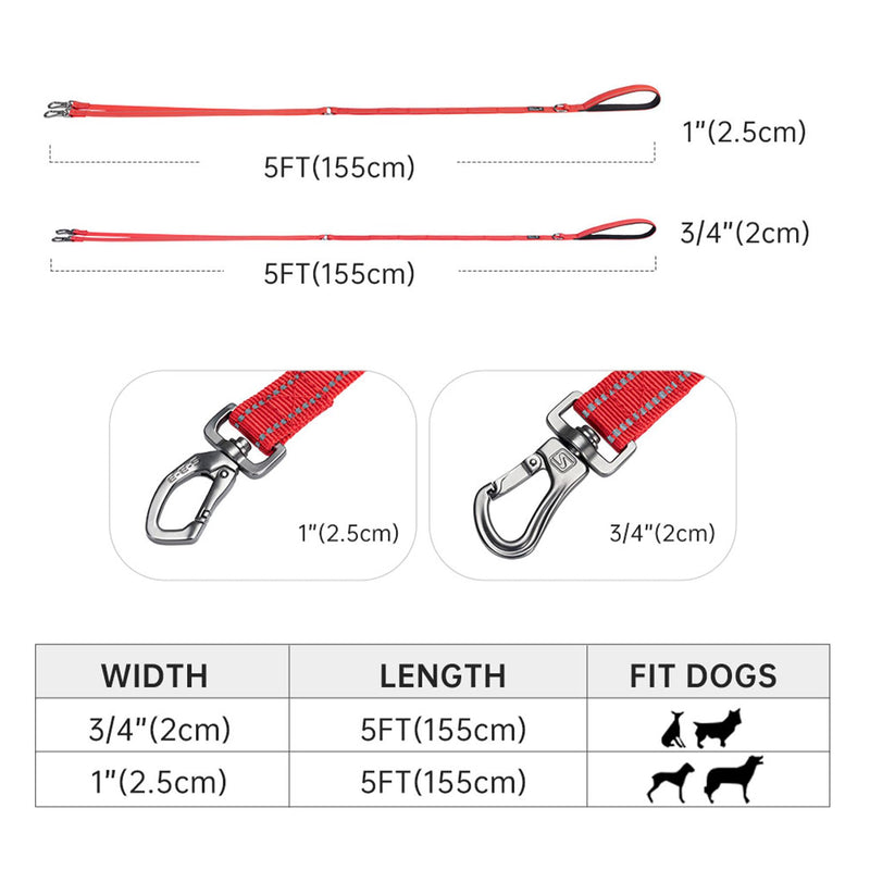 EXCELLENT ELITE SPANKER Reflective Dual Leash - 5FT Double Dog Leash with Padded Handle for Two Dogs Walking & Training (Red) 5ft x 3/4 in. Red - PawsPlanet Australia