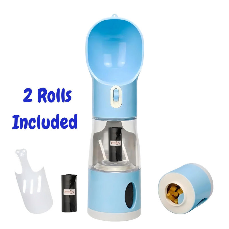All-in-One Portable Dog Water Bottle, Food Dispenser, Poop Bag Dispenser, Dry/Wet Food Container 7 oz., Travel Water Bottle 9oz., 2 Poop Bags Included, Food Grade Plastic, Leak Proof-Blue Color - PawsPlanet Australia