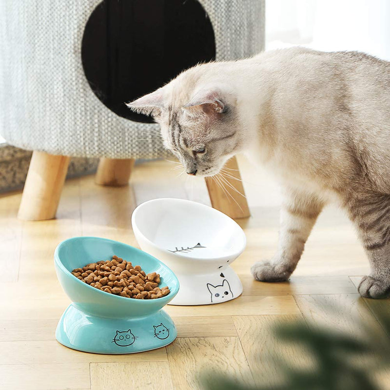 Sweejar Ceramic Raised Cat Bowls, Slanted Cat Dish Food or Water Bowls, Elevated Porcelain Pet Feeder Bowl Protect Cat's Spine, Stress Free, Backflow Prevention (White) 5 Inch White - PawsPlanet Australia