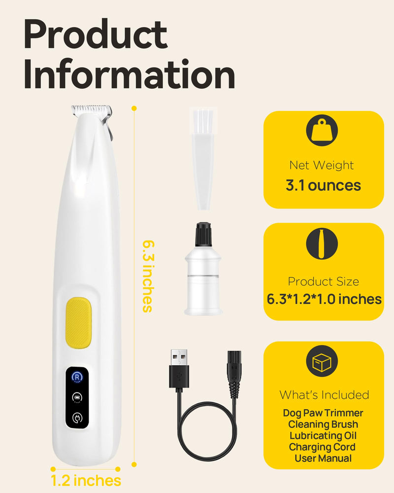 FURBONA Upgraded Dog Paw Trimmer with LED Light, 18 mm Widen Blade, 35 dB Low Noise, Waterproof, Rechargeable Clipper for Dogs & Cats Precision Trimming Around Paws, Eyes, Ears, Face, and Rump Yellow - PawsPlanet Australia