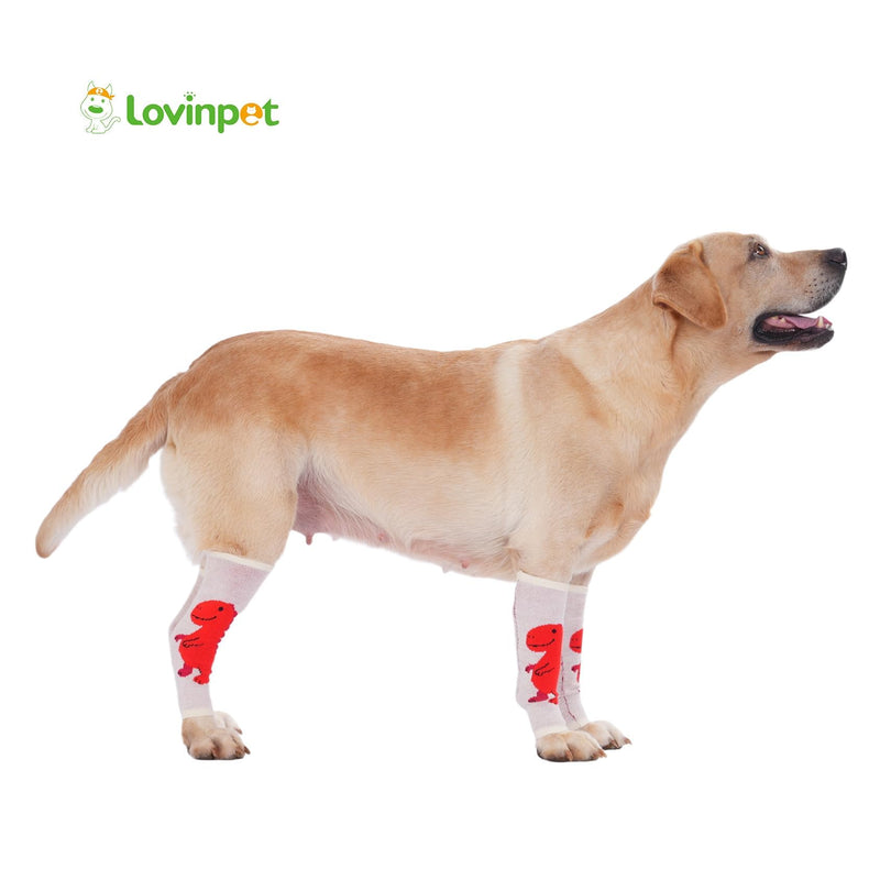 LovinPet 4-Pack Dog Knee Sleeves, Dinosaur-Style Leg Warmers for Medium & Large Dogs, 4-Way Stretch, Anti-Lick Coverage, Warm & Comfy Fit, One Size,Red White Red White