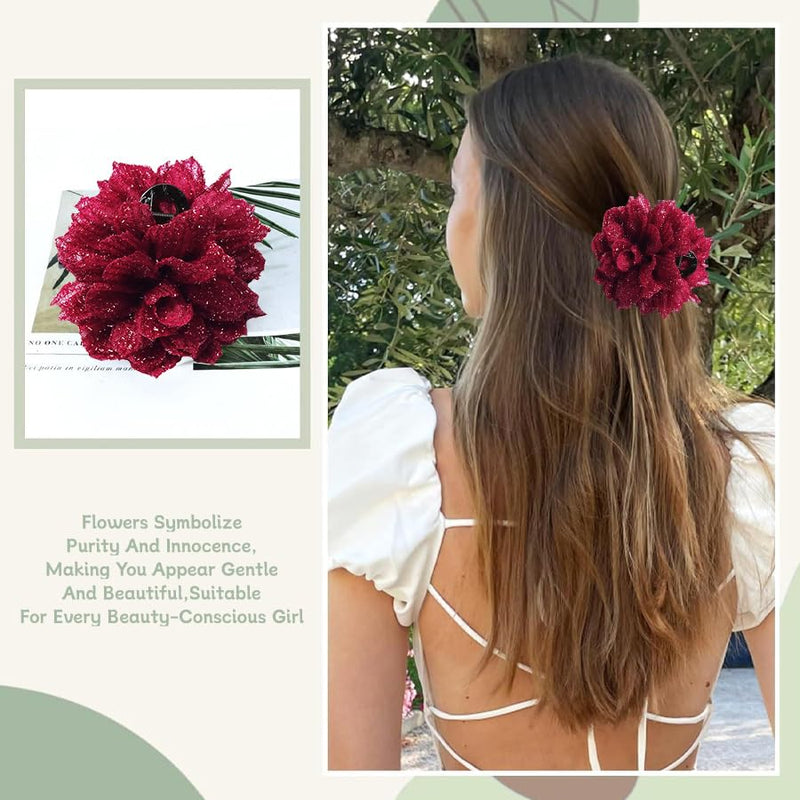 Large Rose Flower Hair Claws - Big Mesh Floral Plastic Hair Clips for Women, Barrettes & Updo Holders for Chignon and Bun Hairstyles (Black & red)