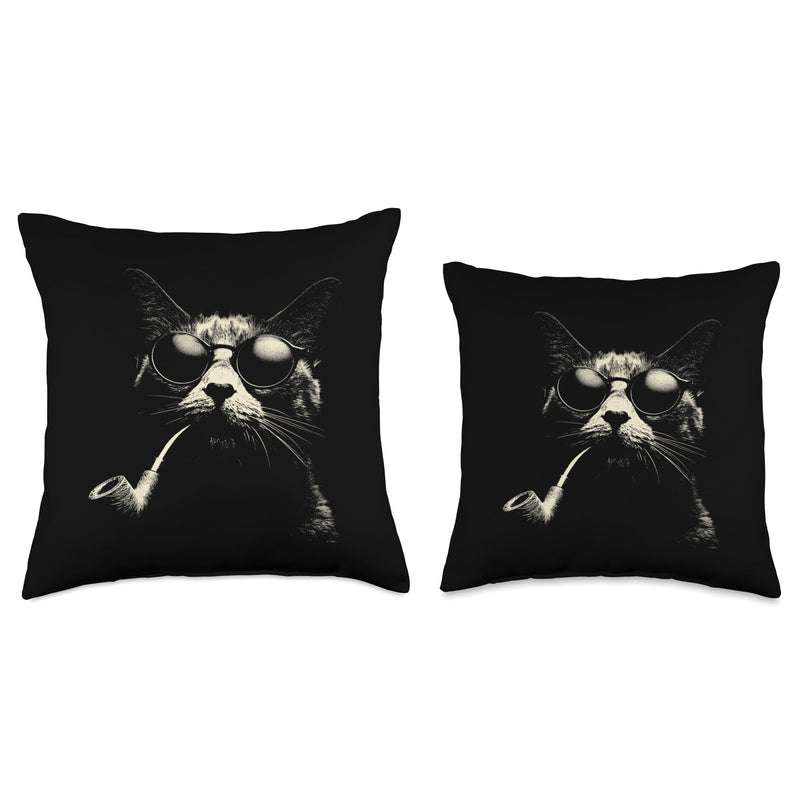 Cool Cat Sunglasses Pipe Smoking Funny Pet Retro Design Throw Pillow 16x16