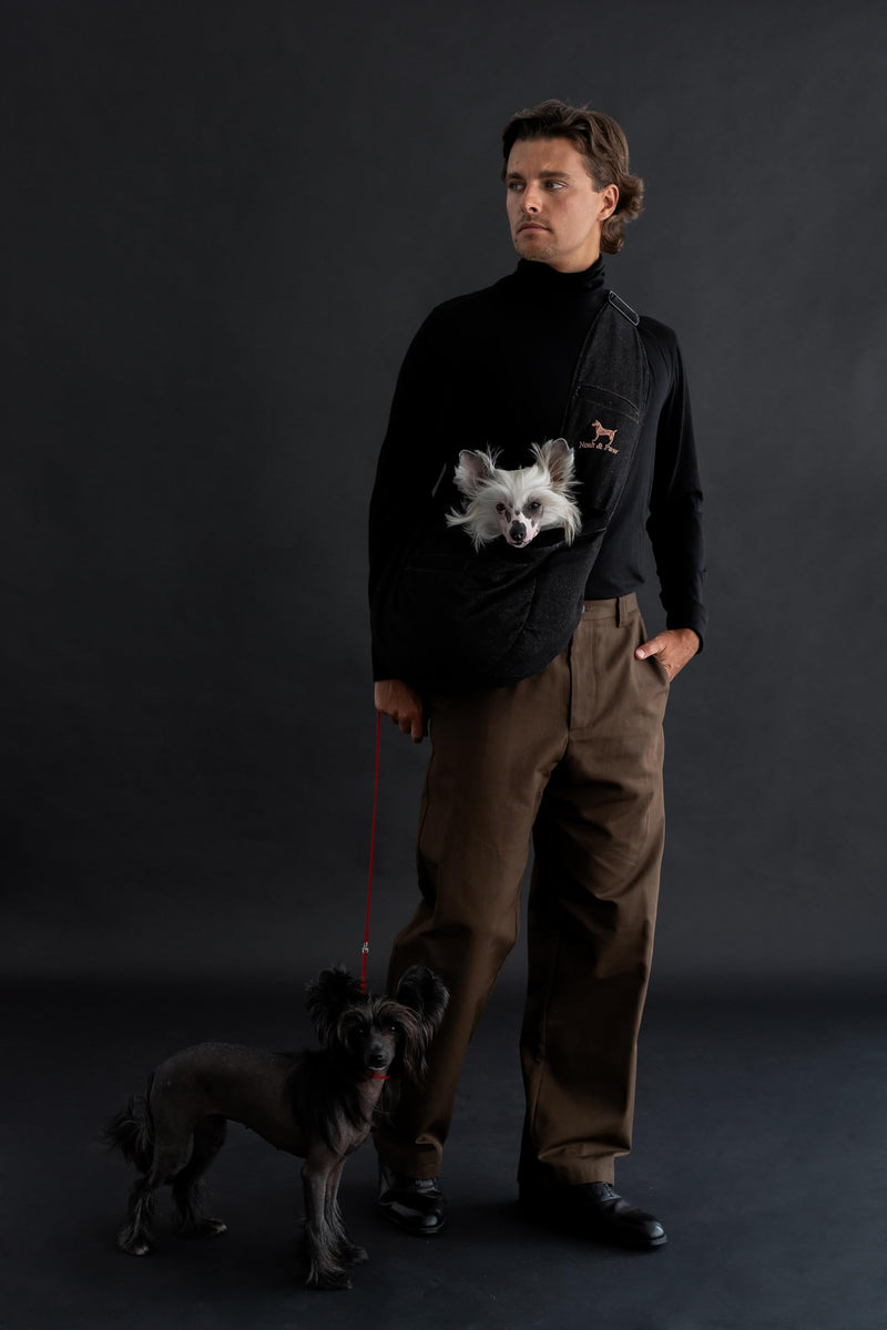 Noah & Paw Dog Sling Carrier for Small Dogs 5-18lb, Dog Sling for Small Dogs and Cats, Dog Carrier with Adjustable Padded Strap, Denim Lined with Fur, 3X Safety Features, Machine Washable Black 18.0"L x 10.0"W x 5.5"H - PawsPlanet Australia