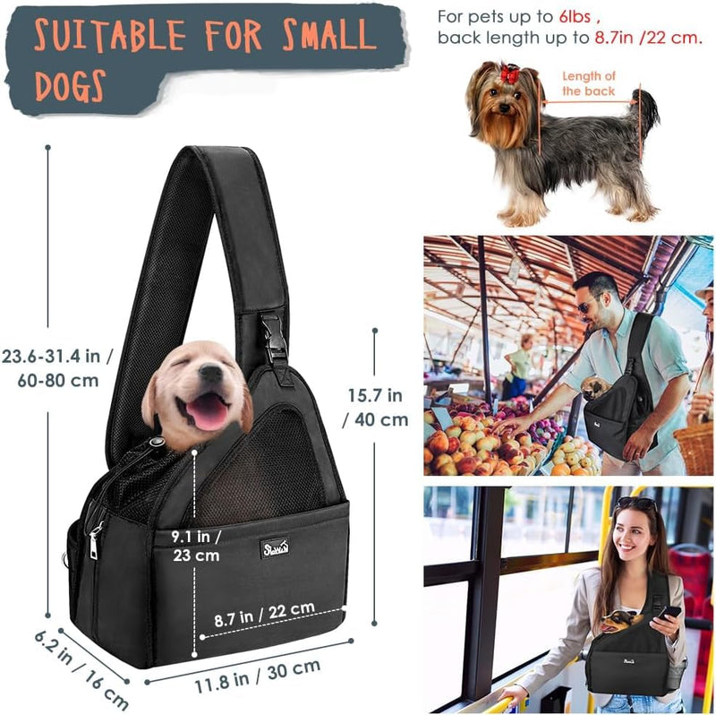 Pet Puppy Sling Carrier, Up to 6 lbs Hand Free Cat Dog Papoose, Hard Bottom Support Small Animal Travel Tote Bags with Breathable Mesh Adjustable Padded Strap Safety Belt Machine Washable Black For Pets under 2.7kg /6lbs - PawsPlanet Australia