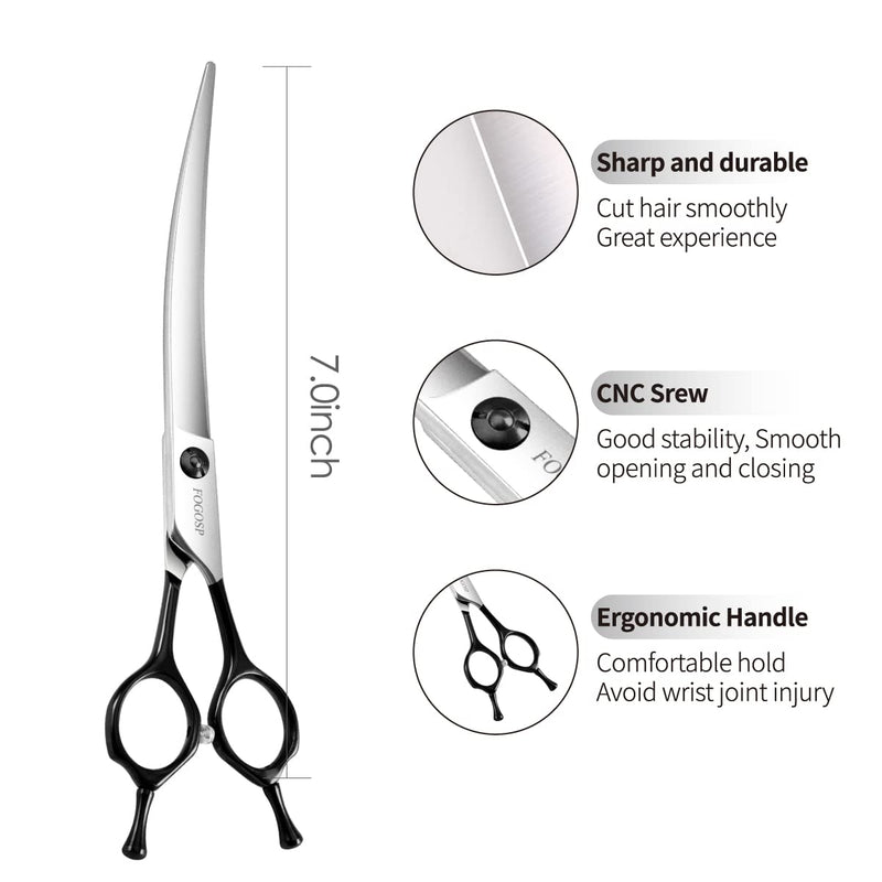 Curved Dog Grooming Scissors Professional 7" Grooming Shears for Dogs Pet Right Handed Groomer Japan 440C Stainless Steel (7 in Curved, Black) 7 in - PawsPlanet Australia