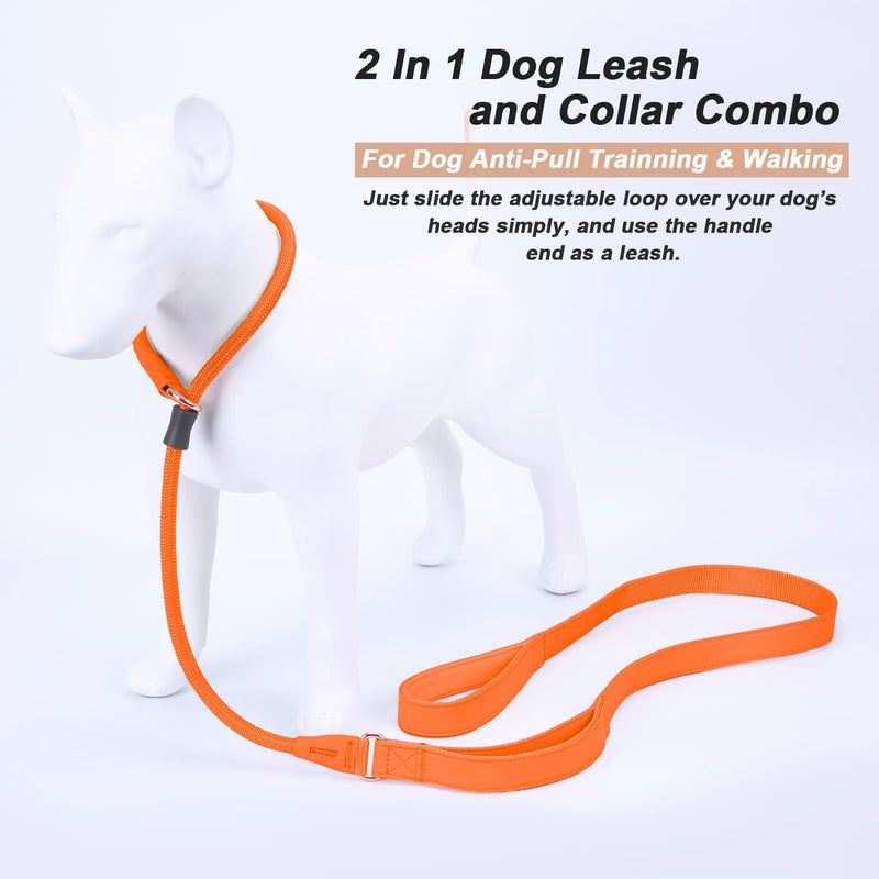 Slip Lead Dog Leash, Double Handle, Soft Leather & Nylon, 6ft Orange - PawsPlanet Australia