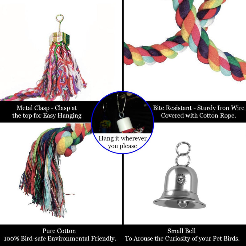 SunGrow Rope Perch for Parrots, 59” Long, Bungee Bird Toy, Brightly Colored Handmade Chew Toy, Spiral Design with Jingling Bell - PawsPlanet Australia