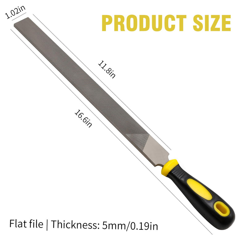 12 Inch Second Cut T12 Grade High Carbon Hardened Steel Flat Mill File with Rubber Hand Grip Handle, 12-Inch Flat File, Hoof Rasp