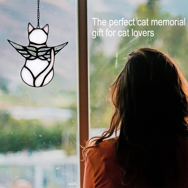Angel Cat Memorial Present Ornaments, Stained Glass Window Hanging Decorations for Cat Lovers, Angel Wings Cat Suncatcher Decor, Pet Memorial Sympathy Present Statue (white) White - PawsPlanet Australia