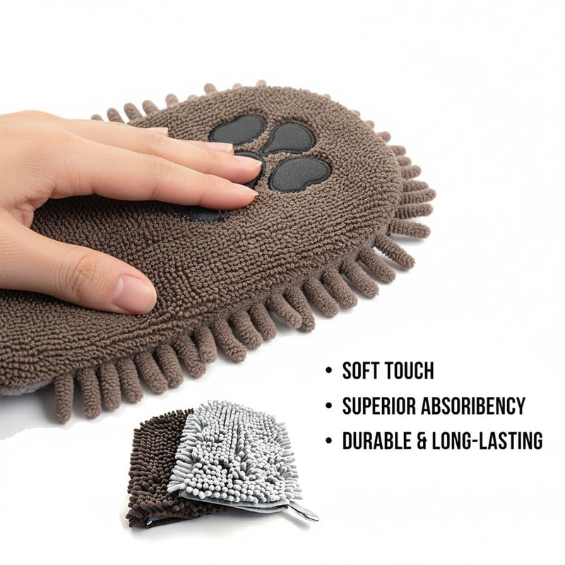 Super absorbent ultra-fine fiber pet drying, Chenille Fiber Dog Towel with Anti-Slip Paw Design, Quick-Drying Super Soft Bath Glove for Dogs & Cats, Brown & Grey, Pack of 3