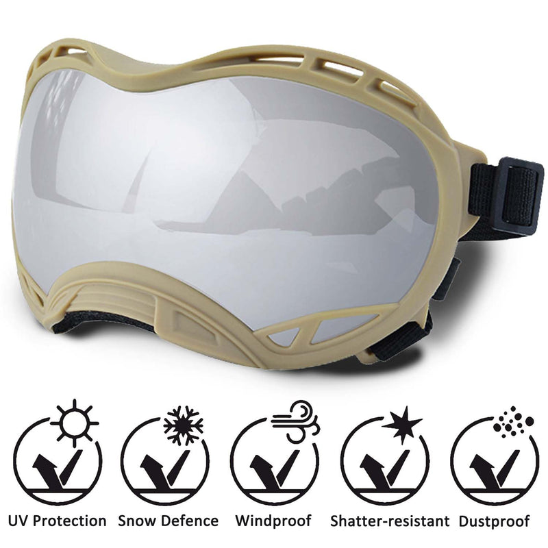 Dog Sunglasses,Doggles Anti-UV Protection,Pet Sunglasses with Adjustable Strap,Suitable for Motorcycle Car Driving Bike Riding Hiking Swimming Wind Dust Fog Dog Eye Protection Khaki Frame Silver Lenses-L - PawsPlanet Australia