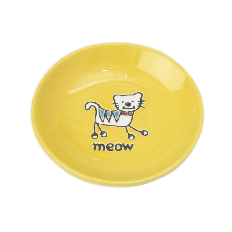 PetRageous 11019 Silly Kitty Dishwasher and Microwave Stoneware Cat Saucer 5-Inch Diameter 2.5-Ounce Capacity for Wet or Dry Cat Food Great For All Cats, Yellow