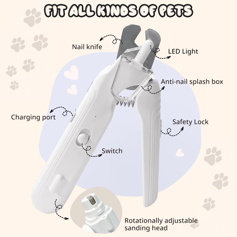 2-in-1 Dog Nail Trimmers & Dog Nail Grinder, Dog Nail Clippers with 2 LED Lights & Safety Guard, USB Rechargeable, Multiple Grinding Methods for Small, Medium, and Large Dogs & Cats (White) White