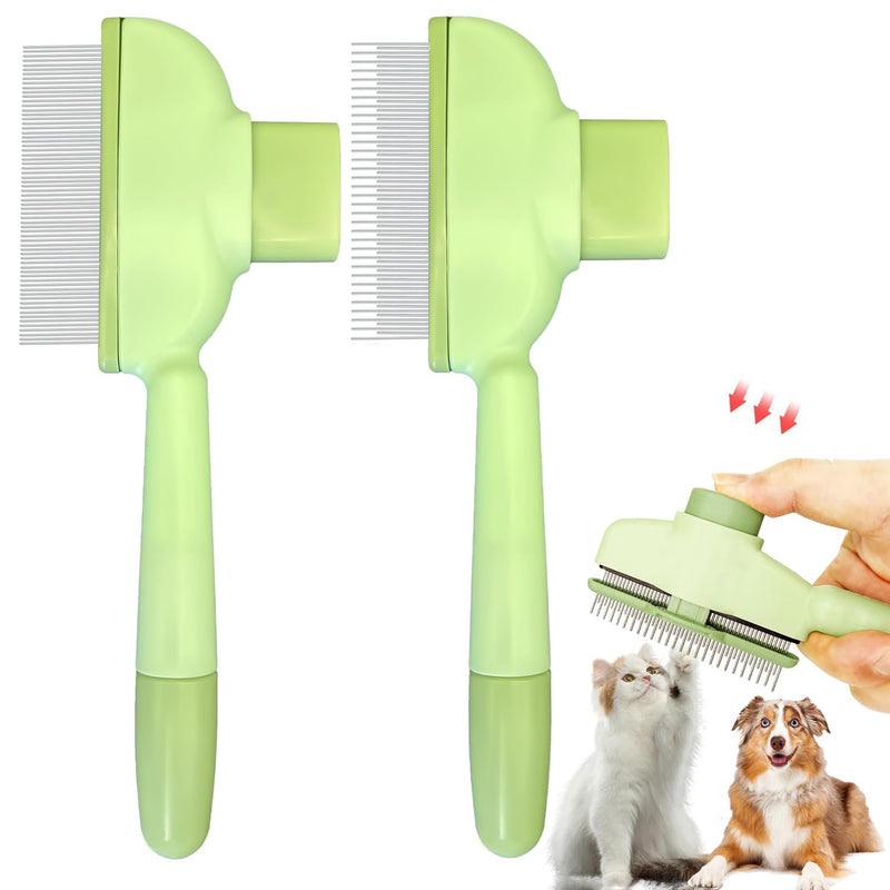TerraKin 2-Pack Flea Comb for Dogs & Cats, One-Click Self-Cleaning Pet Grooming with Release Button, Long & Short Stainless Steel Teeth for Deshedding, Removing Fleas & Massaging,Green Green