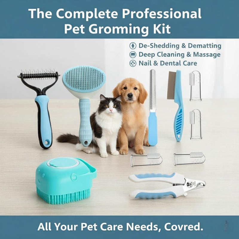 Dog Brush Grooming Kit 10pcs for Shedding, Pet Grooming Kit, Self-Cleaning Slicker Brush, Dematting Rake, Nail Clipper/Trimmer for Dogs,Cats,Rabbits& Small Animals - PawsPlanet Australia
