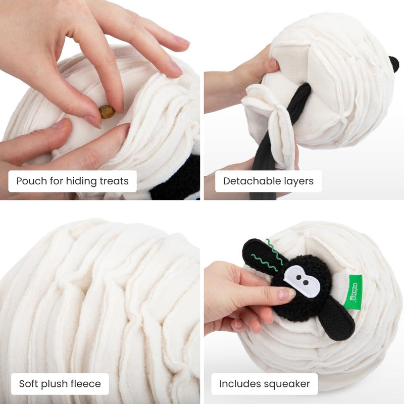 Interactive Enrichment Toy for Dogs - Squeaky Plush Snuffle Sheep, A Treat Dispensing Puzzle Toy, Stress and Anxiety Relief - PawsPlanet Australia
