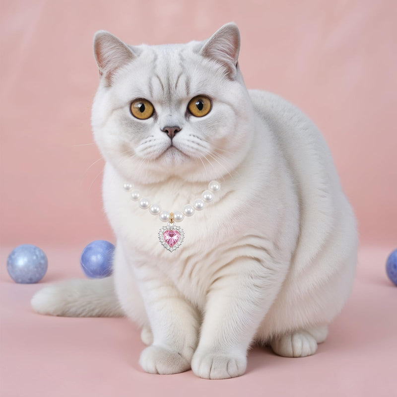 2 Pcs Girl Cat Dog Pearl Collar, Small Heart Shaped Rhinestone Pet Necklace, Pink White Diamond Kitten Collar Adjustable Wedding Party Jewelry Accessories for Puppy Kitten - PawsPlanet Australia
